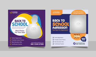 School admission social media post banner, educational social media post square flyer back to school web banner design template.