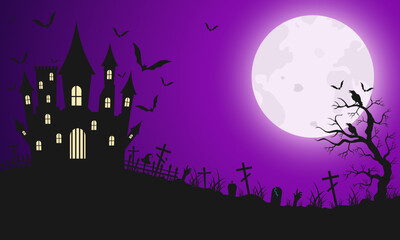 Creepy Halloween background with a castle. Bats flying against the backdrop of the moon. Halloween design. Vector illustration.