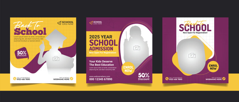 School admission social media post banner, educational social media post square flyer back to school web banner design template.