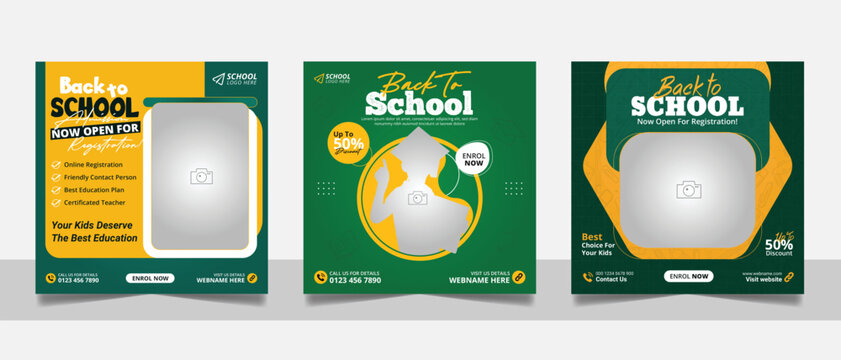 School Admission Social Media Post Banner, Educational Social Media Post Square Flyer Back To School Web Banner Design Template.