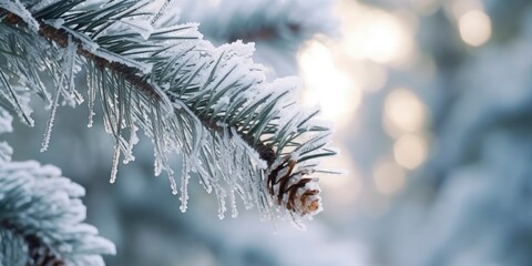Nature winter background with snowy pine tree branches. Pine in frost, a pine cone on a branch, covered in snow. Beauty in nature. Winter natural wallpaper