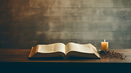 Church faith Christian background banner panorama - Old holy bible and cross on old rustic vintage wooden table, Generative Ai