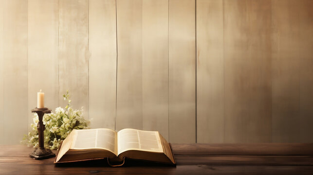 Church faith Christian background banner panorama - Old holy bible and cross on old rustic vintage wooden table, Generative Ai