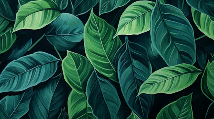 Closeup of abstract tropical organic green leaves pattern lush foliage painting illustration, Generative Ai