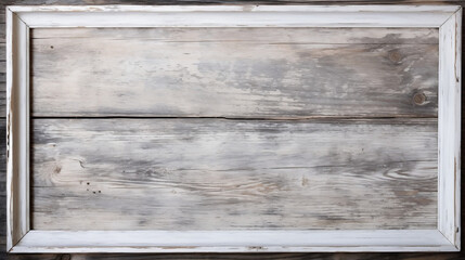 Empty frame made of rustic old damaged aged white wooden boards, background grunge dark wood table or wall texture, design template, Generative Ai