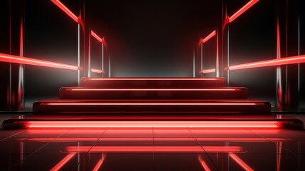 Glowing Red Curtain Exhibition Background: Empty Podium with Neon Lights