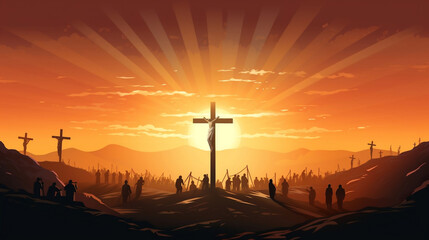 Good friday Easter background panorama vector illustration - Silhouette of Crucifixion of Jesus Christ in Golgota / Golgotha jerusalem israel, with sunrise sunbeams and three , Generative Ai