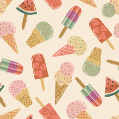 Vector abstract cute hand drawn illustration with ice cream and watermelon. The pattern is great for fabric, wallpaper, wrapping paper, postcard, layout.