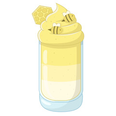Honey ice cream. Honey nectar. Glass of cold drink with honey. Honeycomb with bees
