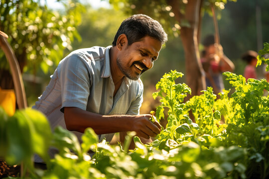 Joyful Man Tending Community Garden. Generative AI.