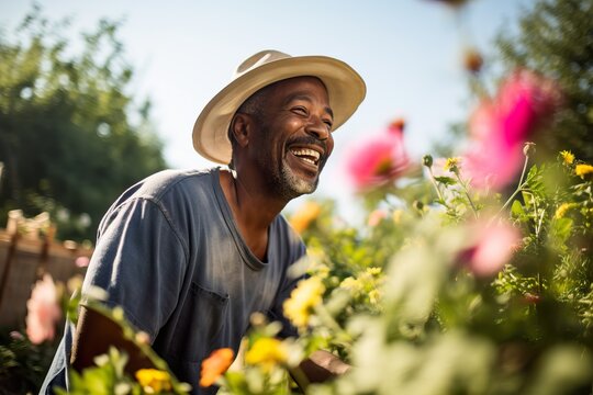 Joyful Man Tending Community Garden. Generative AI.