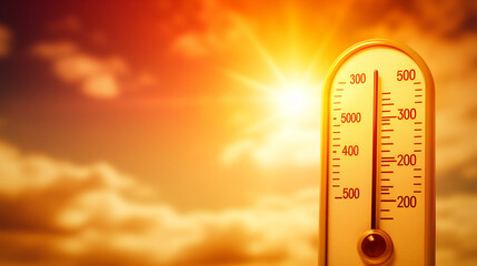 Hot weather - Heat wave / Summer heat background - Thermometer yellow orange sky and sun rays, Generative Ai