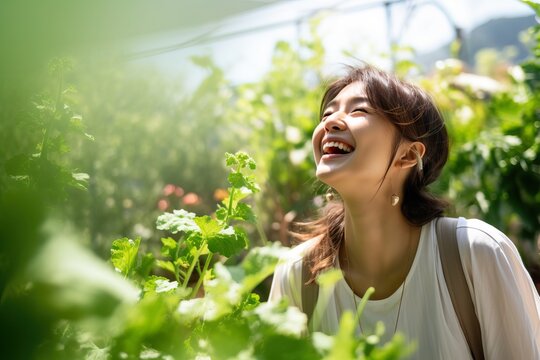  Joyful Woman Tending Lush Community Garden. Generative AI.