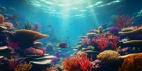 Fototapeta na wymiar Underwater coral reef landscape with colorful fish. IA Generative