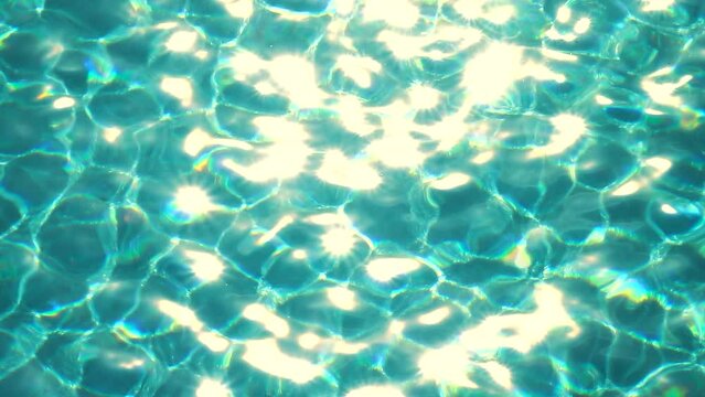 Beautiful reflection sunlight with shining turquoise water rippled waves, calm natural crystal clean fresh water, effect scene with sparkles water, slow motion, close up, full frame, hd. ProRes 422 HQ