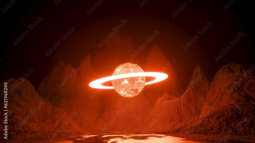 Poster scifi neon abstract background. planet and ring in the center. reflection of light on a wet surface