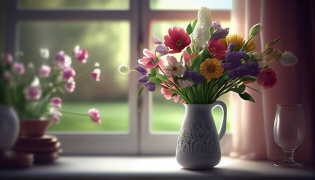 Spring time still live with bouquet of flowers in vase on blurred window background Ai generated image