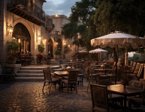 Table of food center tuscan style town in the evening,tuscana town. Created with Generative AI technology.