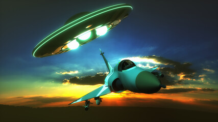 a fighter jet is being pursued by a ufo (3d rendering) © rtype