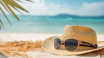 Vacation summer holiday travel tropical ocean sea background panorama - Close up of straw hat and sunglasses on the beach with ocean and palms in the background, Generative Ai
