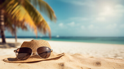 Fototapeta na wymiar Vacation summer holiday travel tropical ocean sea background panorama - Close up of straw hat and sunglasses on the beach with ocean and palms in the background, Generative Ai