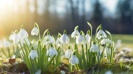 White fresh snowdrops flower ( Galanthus ) on green meadow in sunny garden . Easter spring background banner panorama, Generative Ai