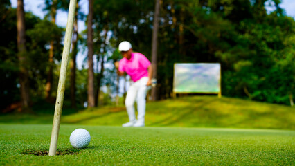 Golfer action to win after long putting golf ball in to the hole.