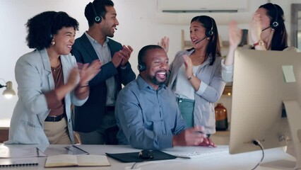 Telemarketing, achievement and team with celebration, call center and applause with success, teamwork and collaboration. Leader, staff or group with high five, customer service or goals with a target - Powered by Adobe