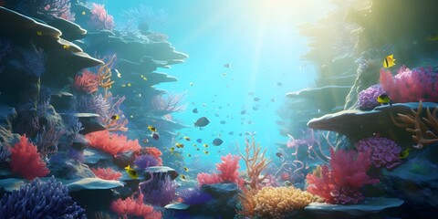Fototapeta na wymiar Underwater coral reef landscape with colorful fish. IA Generative