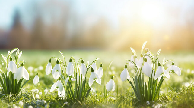 White fresh snowdrops flower ( Galanthus ) on green meadow in sunny garden . Easter spring background banner panorama, Generative Ai