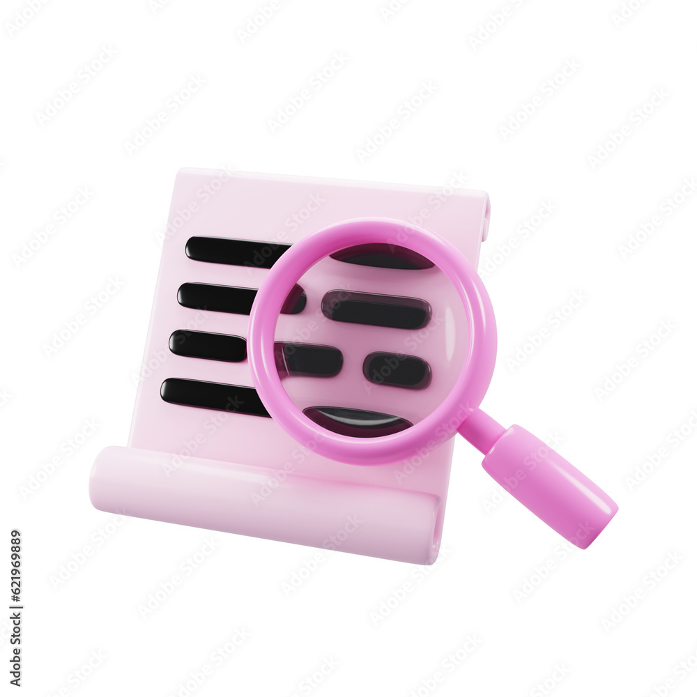 Poster 3d rendering document sheet with magnifying glass icon. paper sheet icon concept