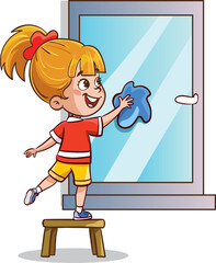 cute girl cleaning. children wiping glass vector illustration