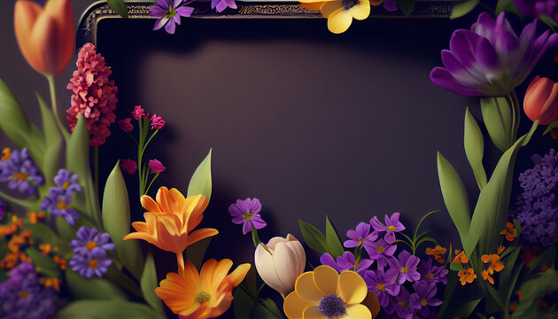 Springtime flower border frame with copy space in the middle. Beautiful floral background Ai generated image