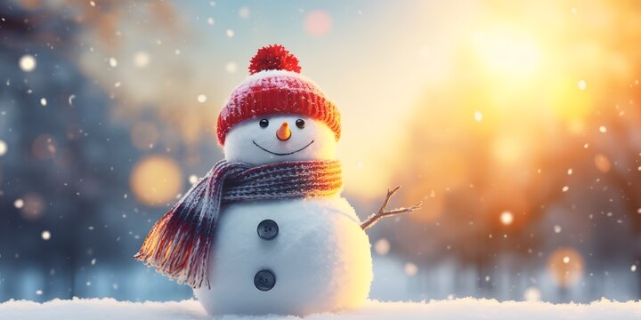 Winter holiday christmas background banner - Closeup of cute funny laughing snowman with wool hat and scarf, on snowy snow snowscape with bokeh lights, illuminated by the sun