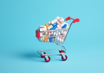 Buy and shopping medicine concept. Various capsules, tablets and medicine in shop trolley on a blue background. Copy space. Created with Generative AI technology.
