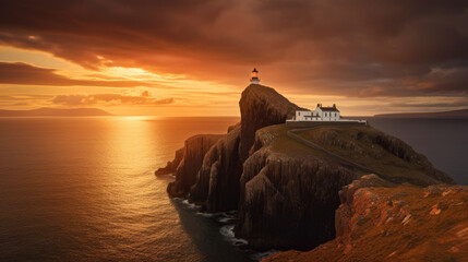 Naklejka na ściany i meble a lighthouse on a steep cliff by the sea at sunset. Generative AI