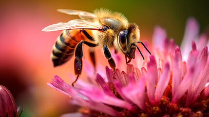 Nature's Pollinators: Close-up Photograph of a Honeybee Collecting Nectar. Generative AI.
