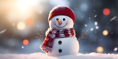 Winter holiday christmas background banner - Closeup of cute funny laughing snowman with wool hat and scarf, on snowy snow snowscape with bokeh lights, illuminated by the sun