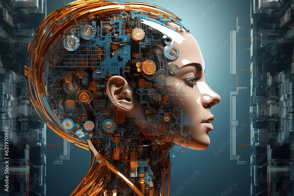 Poster game development of ai, artificial intelligence digital 3d head with futuristic design