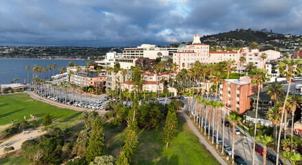 Fototapeta premium La Jolla, San Diego, California, from a UAV Aerial Drone looking at the resort Area. and the Hills in the background