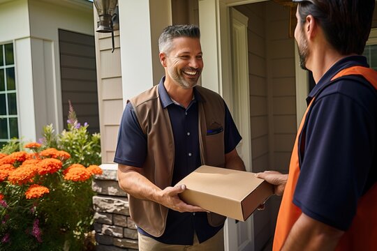 Cheerful Courier Delivering Package to Satisfied Customer at Suburban Home .Generative AI.