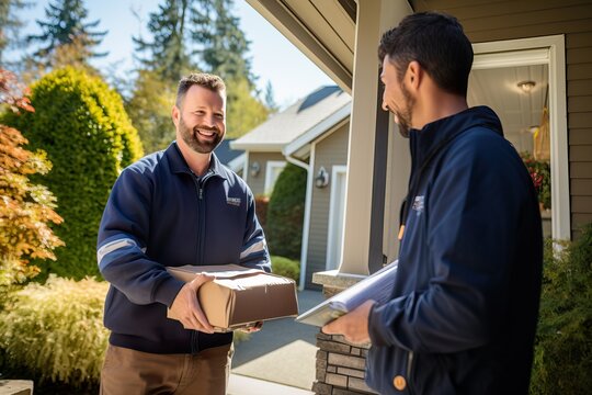 Cheerful Courier Delivering Package to Satisfied Customer at Suburban Home .Generative AI.