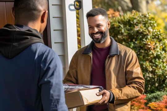 Cheerful Courier Delivering Package to Satisfied Customer at Suburban Home .Generative AI.