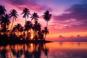 Fototapeta na wymiar Pink sunset on tropical ocean beach with coconut palm trees silhouettes