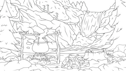 Naklejka premium Vector illustration, fishing on a mountain river, book coloring