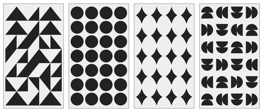 Vector set of abstract geometric backgrounds. Brutalist vertical poster. Minimal monochrome swiss design aesthetic. Bauhaus vector poster