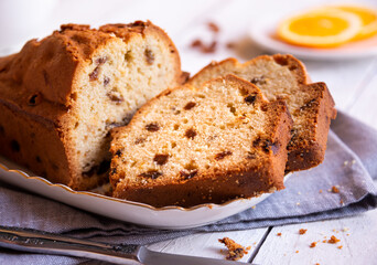 Sweet fruit cake with raisins, delicious baked dessert