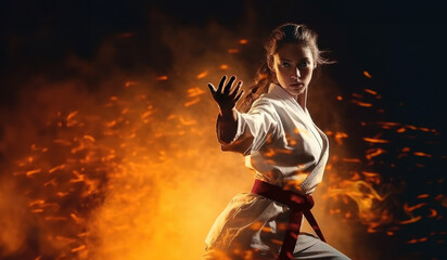 Red Belt Warriors: Person in Kimono and Red Belt on fire Background with Space for Text. Martial Arts Discipline Concept AI Generative	
