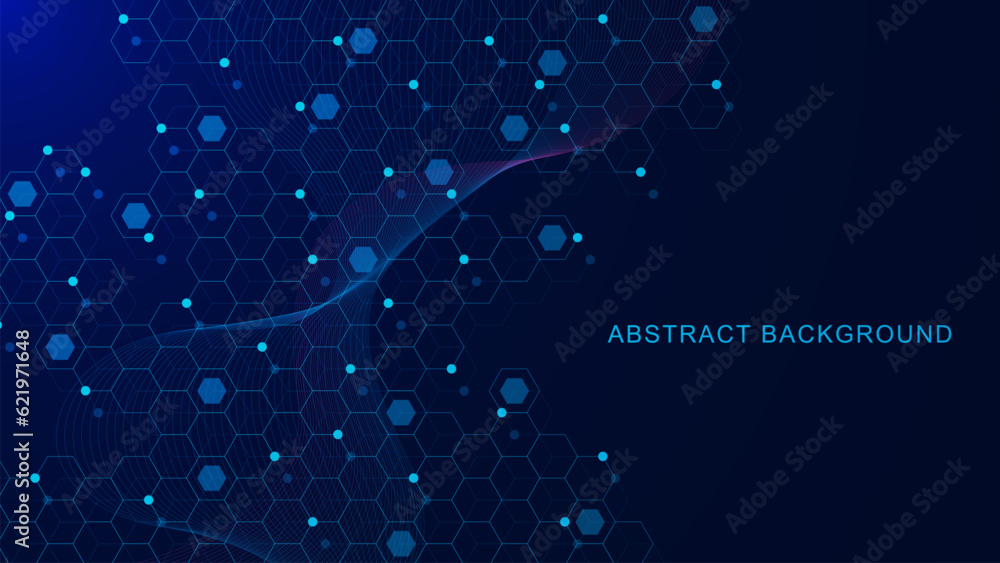 Poster abstract hexagon pattern with glowing particles and wave flow. molecular sci fi scientific technolog