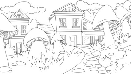 Obraz premium Vector illustration, funny cartoon mushroom city, book coloring